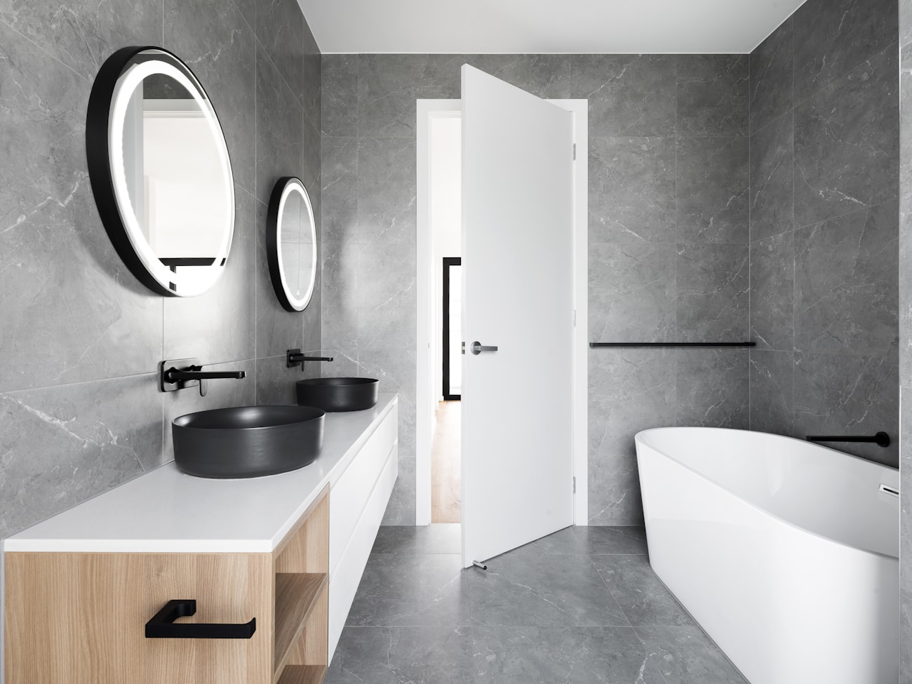 Grey stone bathroom